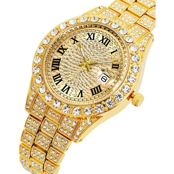 ✨ Hunruy Watches Men Gold Big Rocks Roman Numerals Fully Iced Out Dial Watch - Picture 2 of 6